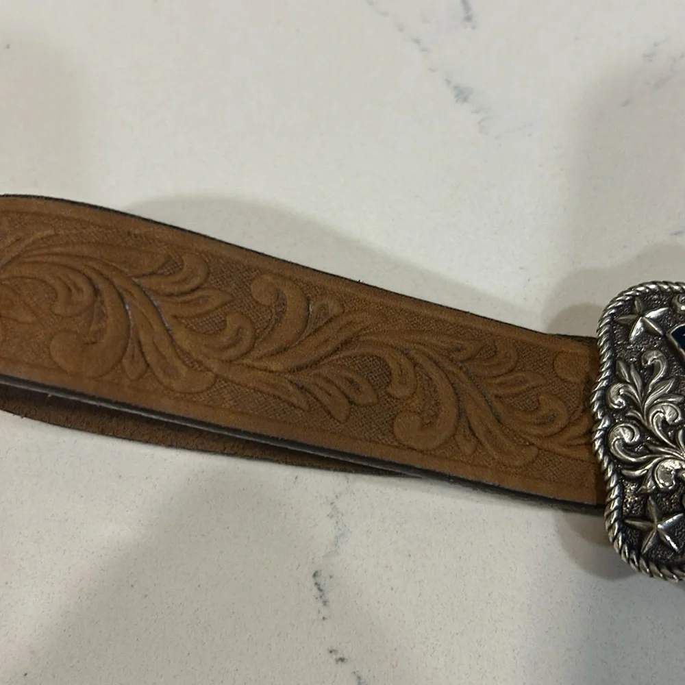 Child Size Soft Brown Leather Belt with American Flag Buckle